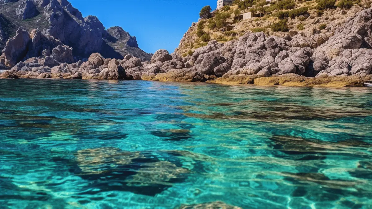 beaches near palma mallorca — turquoise water and pine trees at a mallorcan cove